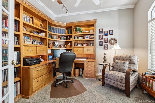 3145 Stevens Cir, Erie, CO 80516 - carpeted office space with ceiling fan, built in study area, track lighting, and ornamental molding