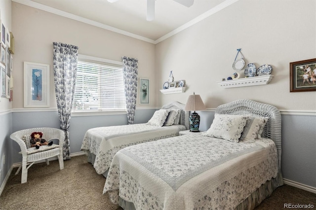 3145 Stevens Cir, Erie, CO 80516 - bedroom featuring carpet floors, crown molding, and a ceiling fan