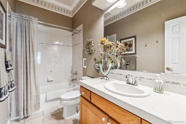 3145 Stevens Cir, Erie, CO 80516 - full bathroom featuring vanity, shower / tub combo, ornamental molding, and tile patterned floors