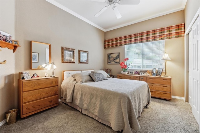 3145 Stevens Cir, Erie, CO 80516 - bedroom with light colored carpet, crown molding, a closet, and ceiling fan