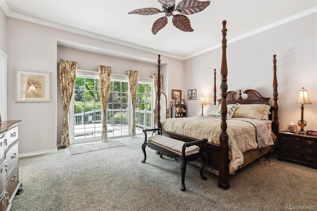 3145 Stevens Cir, Erie, CO 80516 - carpeted bedroom with access to exterior, ornamental molding, and ceiling fan
