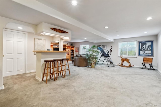 3145 Stevens Cir, Erie, CO 80516 - exercise room featuring light carpet, recessed lighting, healthy amount of natural light, and bar