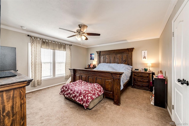 carpeted bedroom with crown molding and ceiling fan