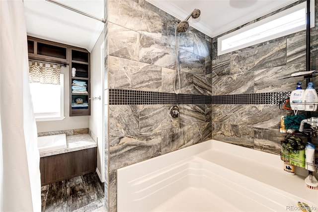 bathroom with walk in shower and crown molding