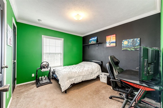 carpeted bedroom featuring crown molding and a textured ceiling