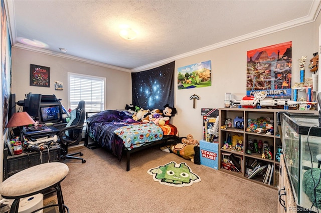 bedroom featuring crown molding, carpet, and a textured ceiling