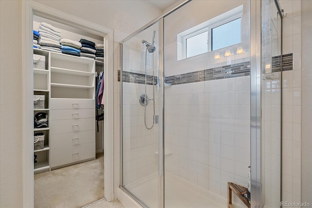 bathroom featuring a shower with shower door