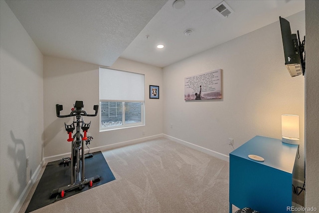 exercise room featuring light colored carpet and a textured ceiling