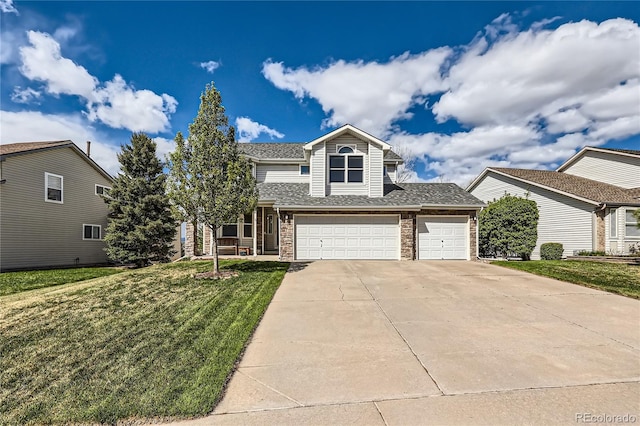 traditional-style home featuring concrete driveway, an attached garage, a shingled roof, and a front lawn