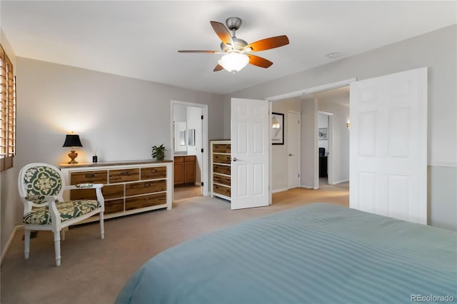 1768 E Jamison Ave, Centennial, CO 80122 - bedroom featuring light colored carpet, baseboards, ensuite bath, and a ceiling fan
