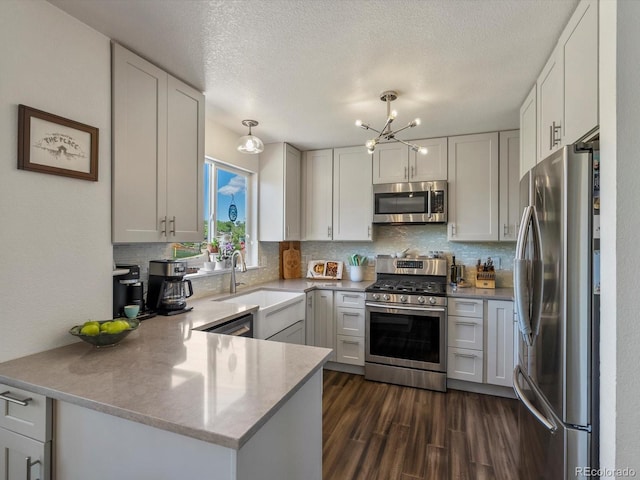 2006 E 97th Ave, Thornton, CO 80229 - kitchen with appliances with stainless steel finishes, a sink, a peninsula, decorative backsplash, and a textured ceiling
