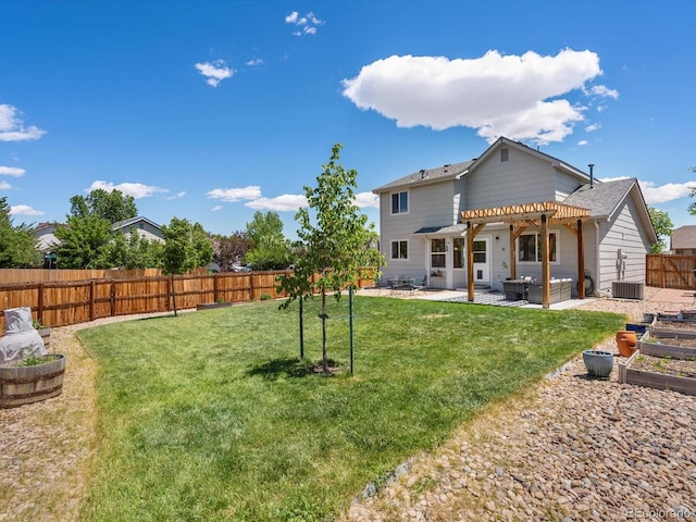 2006 E 97th Ave, Thornton, CO 80229 - back of property featuring a pergola, a patio, outdoor lounge area, central AC, and a vegetable garden
