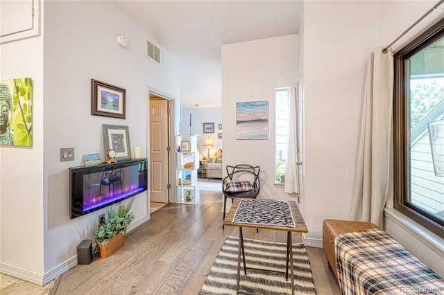 919 S Dawson Way Unit 17, Aurora, CO 80012 - living area with wood finished floors, healthy amount of natural light, a glass covered fireplace, and baseboards