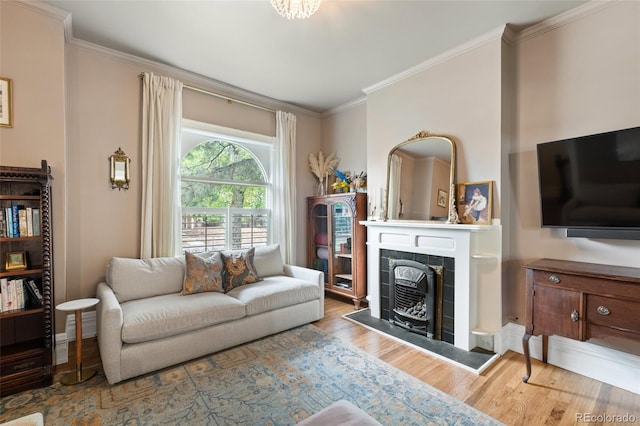 3424 W 31st Ave, Denver, CO 80211 - living room with wood finished floors, crown molding, and a fireplace