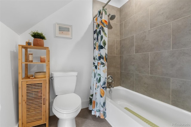 3424 W 31st Ave, Denver, CO 80211 - bathroom with toilet, shower / bathtub combination with curtain, lofted ceiling, and tile patterned flooring