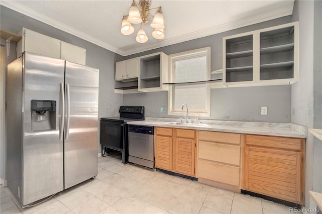 kitchen with stainless steel appliances, a notable chandelier, sink, light brown cabinets, and a textured ceiling