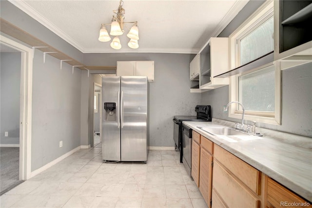 kitchen with ornamental molding, an inviting chandelier, sink, appliances with stainless steel finishes, and light brown cabinets