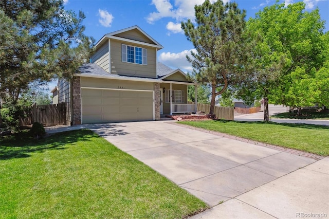 5441 Lynx St, Frederick, CO 80504 - traditional home with covered porch, concrete driveway, a garage, brick siding, and roof with shingles