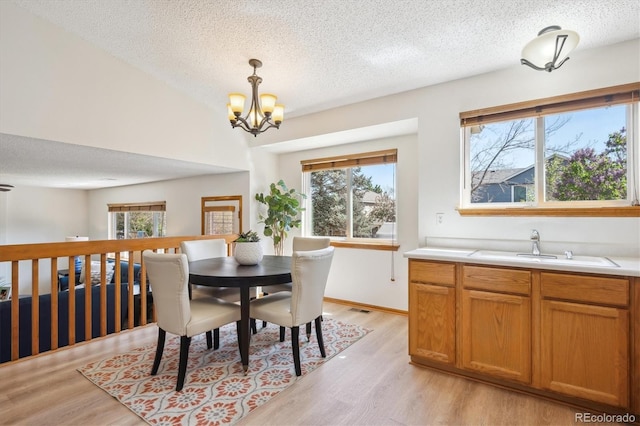 dining room featuring a textured ceiling, plenty of natural light, and light wood-type flooring
