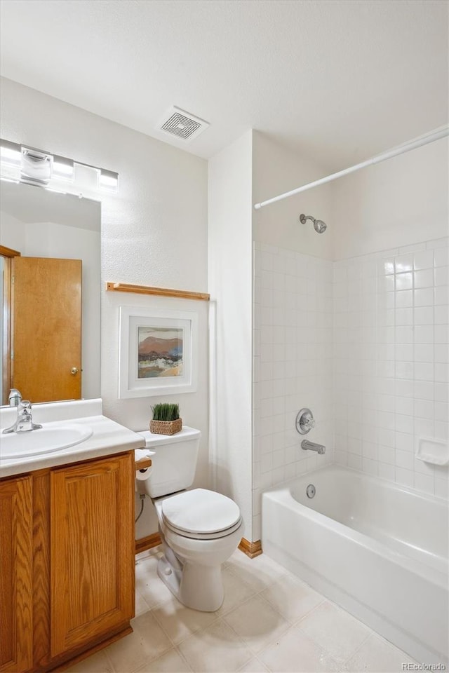 full bath with toilet, visible vents, shower / bathing tub combination, and vanity
