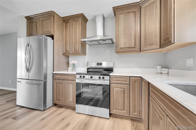 19155 E Kansas Dr, Aurora, CO 80017 - kitchen with stainless steel appliances, wall chimney range hood, and light wood-style flooring