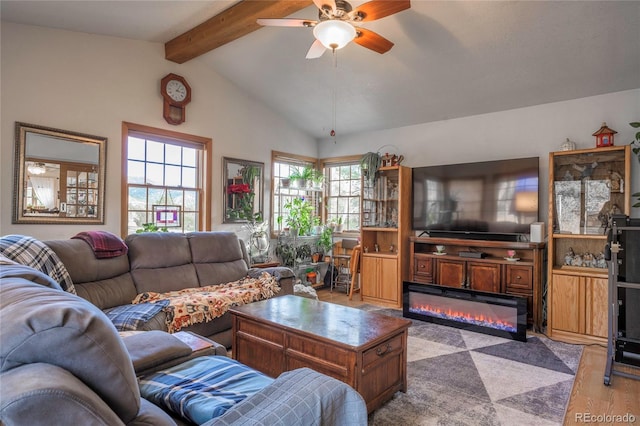 living room with lofted ceiling with beams, ceiling fan, and light hardwood / wood-style flooring