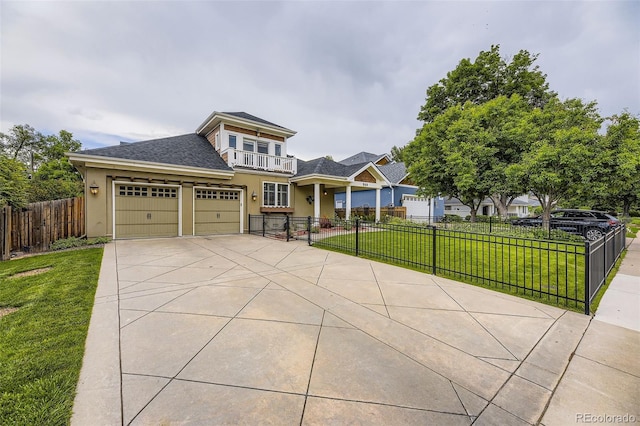 940 Kearney St, Denver, CO 80220 - view of front of home with stucco siding, driveway, a balcony, roof with shingles, and a garage