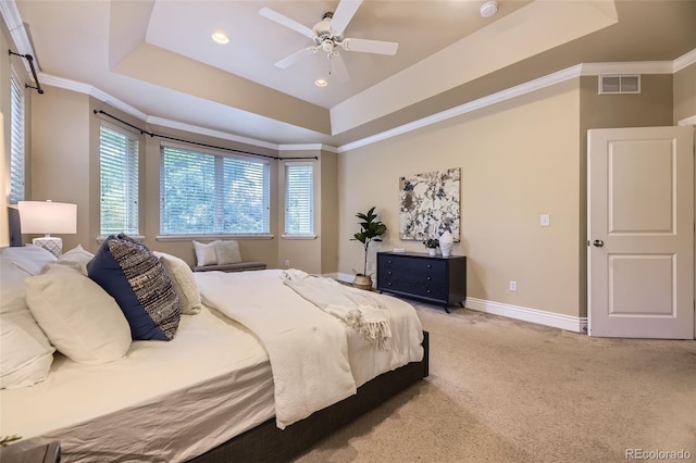 940 Kearney St, Denver, CO 80220 - bedroom featuring a raised ceiling, light carpet, recessed lighting, ornamental molding, and a ceiling fan