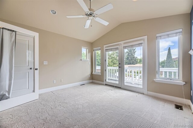 940 Kearney St, Denver, CO 80220 - spare room featuring a ceiling fan, lofted ceiling, and light colored carpet