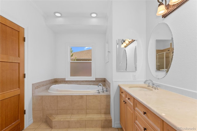 1172 S Steele St, Denver, CO 80210 - full bathroom with vanity, a bath, tile patterned floors, and a shower with shower door