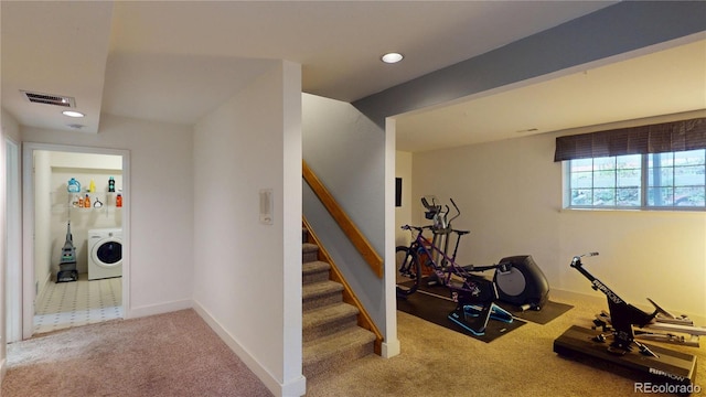 9864 Carmel Ct, Lone Tree, CO 80124 - exercise area featuring washer / clothes dryer, carpet floors, and recessed lighting