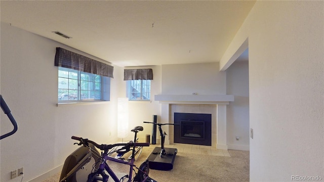9864 Carmel Ct, Lone Tree, CO 80124 - workout room featuring carpet floors and a tile fireplace