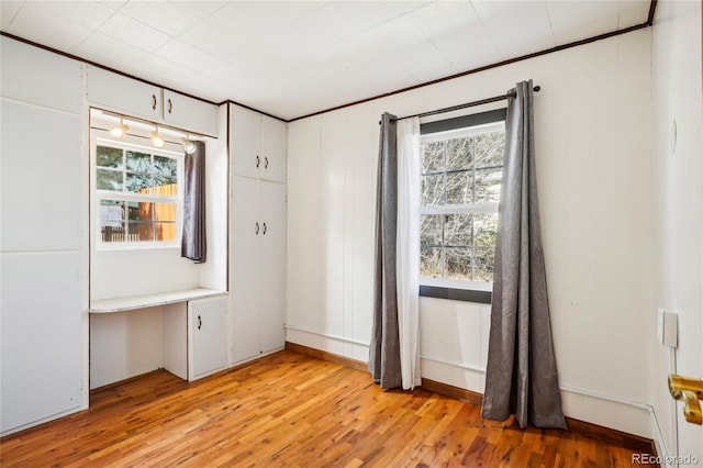 interior space with light wood-type flooring and crown molding