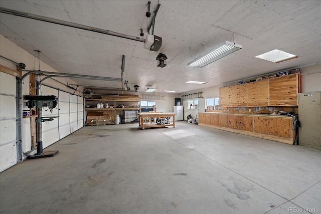 garage featuring a workshop area and a garage door opener