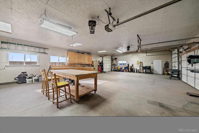 garage featuring a workshop area and a garage door opener