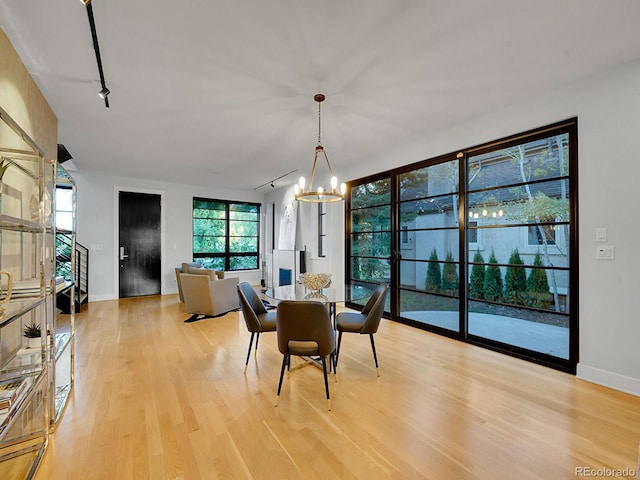 dining space with a chandelier, rail lighting, a wealth of natural light, and light hardwood / wood-style flooring