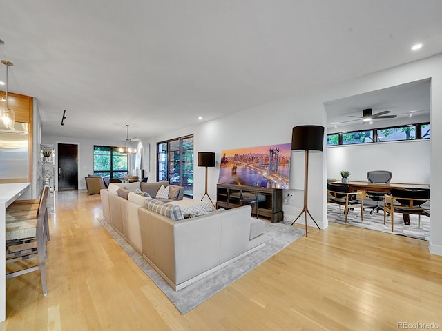 living room featuring ceiling fan with notable chandelier, a healthy amount of sunlight, and light wood-type flooring