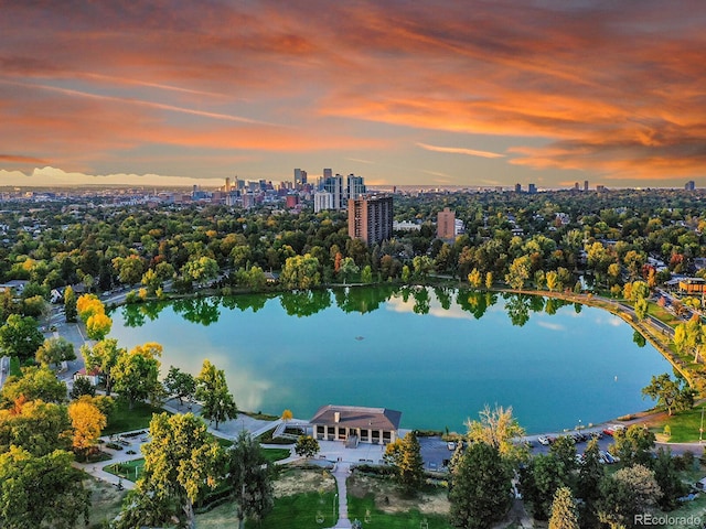 aerial view at dusk with a water view