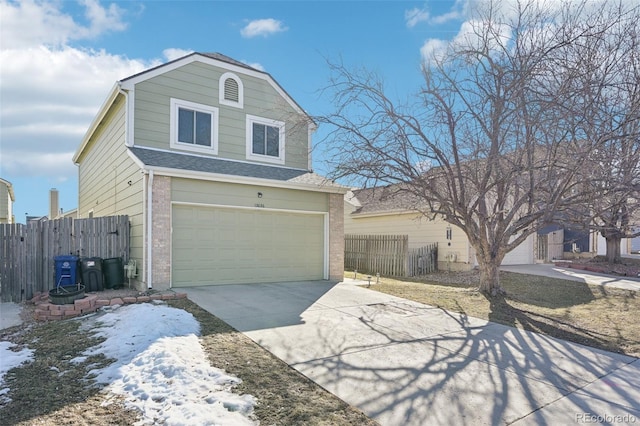 view of front of home with a garage, brick siding, fence, concrete driveway, and roof with shingles