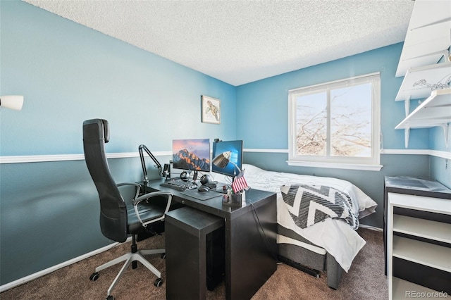 home office with carpet flooring, a textured ceiling, and baseboards