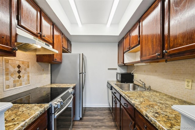 kitchen featuring dark hardwood / wood-style flooring, sink, light stone counters, and stainless steel electric stove