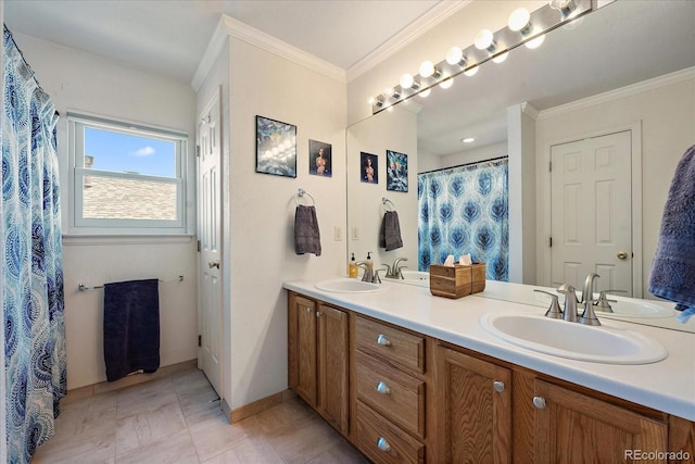 22379 E Dorado Ave, Aurora, CO 80015 - bathroom featuring double vanity, ornamental molding, baseboards, and a shower with shower curtain
