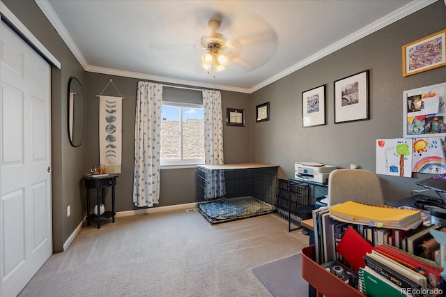 22379 E Dorado Ave, Aurora, CO 80015 - carpeted home office featuring a ceiling fan, ornamental molding, and baseboards