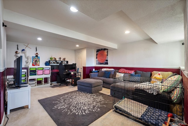 22379 E Dorado Ave, Aurora, CO 80015 - living room featuring recessed lighting, carpet flooring, an office area, and a textured ceiling
