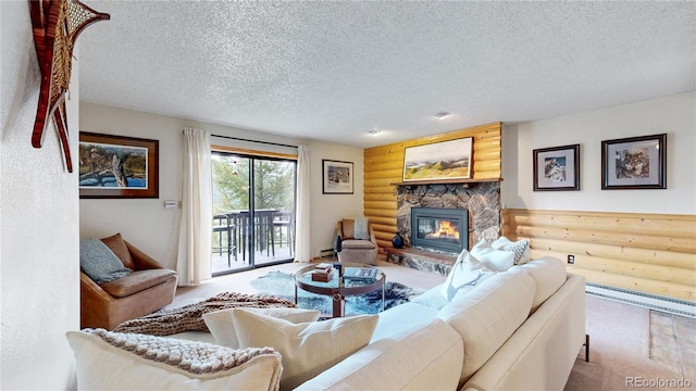 144 Tall Pine Cir, Grand Lake, CO 80447 - carpeted living room with a fireplace and a textured ceiling