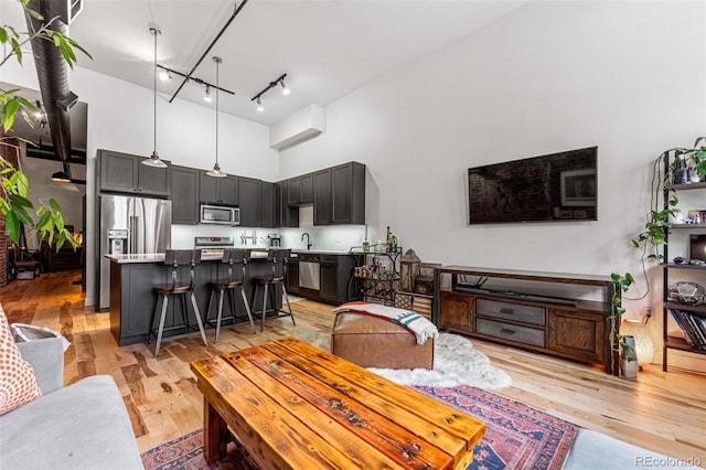 living room with a towering ceiling, sink, track lighting, and light wood-type flooring