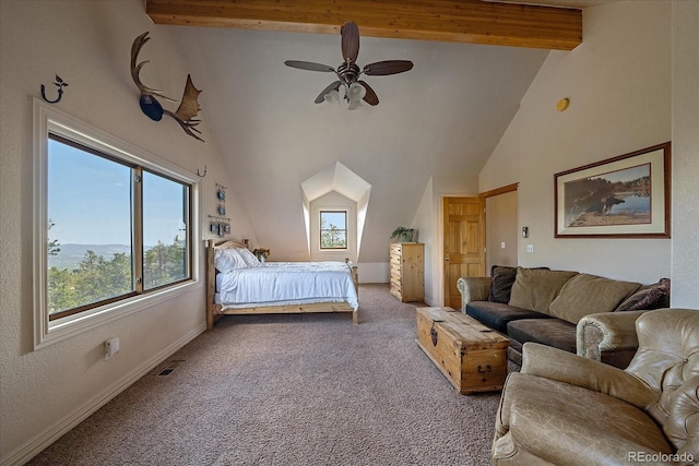 carpeted bedroom with high vaulted ceiling, visible vents, a ceiling fan, baseboards, and beam ceiling