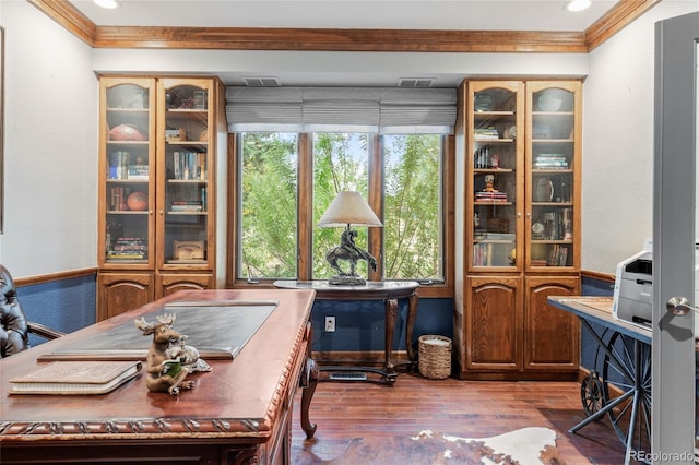 office area featuring ornamental molding and hardwood / wood-style flooring