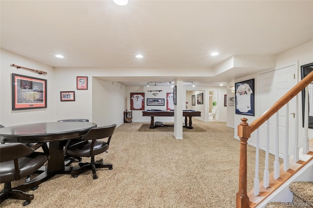 rec room featuring carpet flooring and billiards