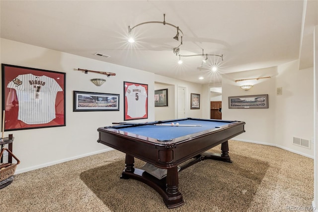 rec room featuring carpet floors and billiards